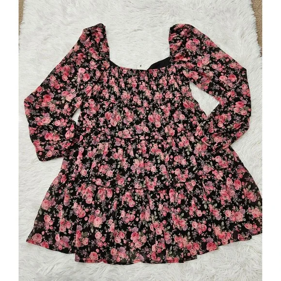 NWT Francesca's Sz L Pink Floral Babydoll Balloon Sleeve Tiered Mini Dress - Picture 4 of 11